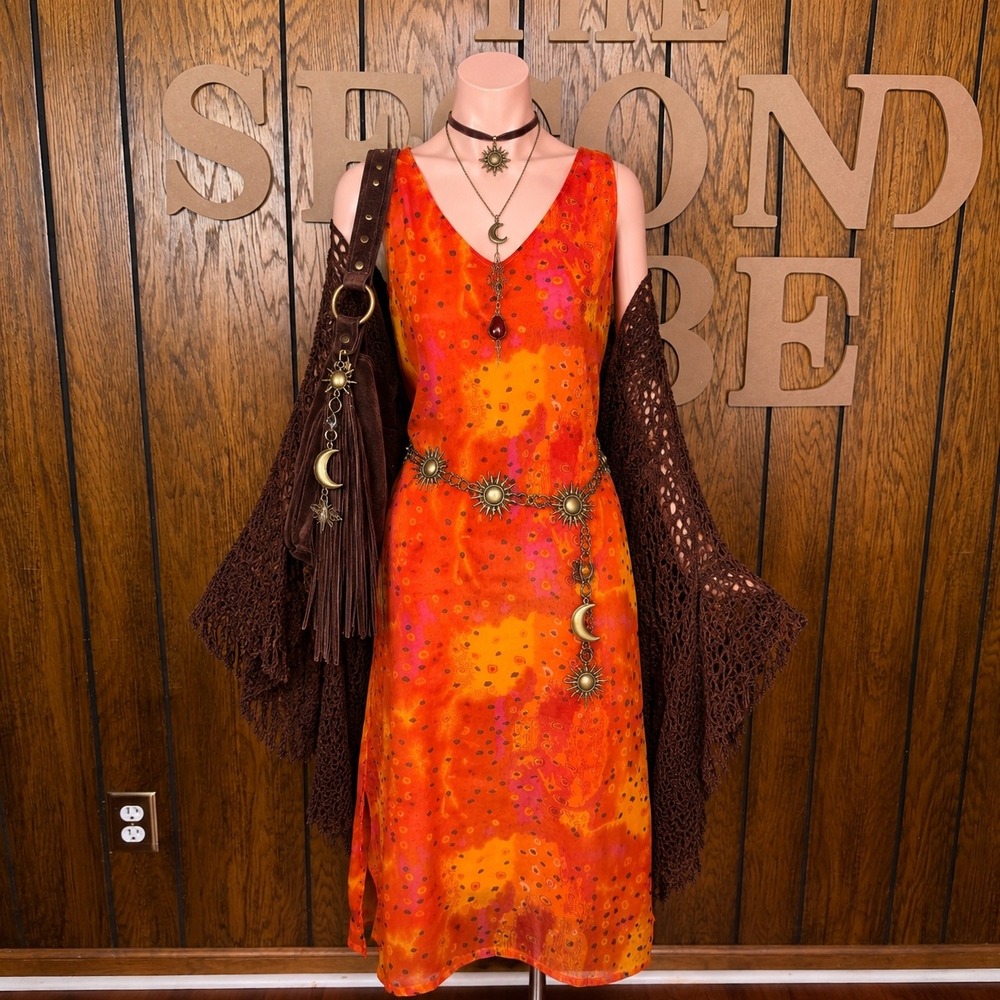Orange Boho Maxi Dress Sita Womens Large 90s Y2K Fairycore Tie Dye Chiffon